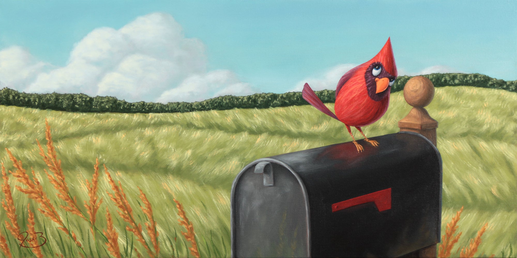 Cardinal on a Mailbox Original Painting