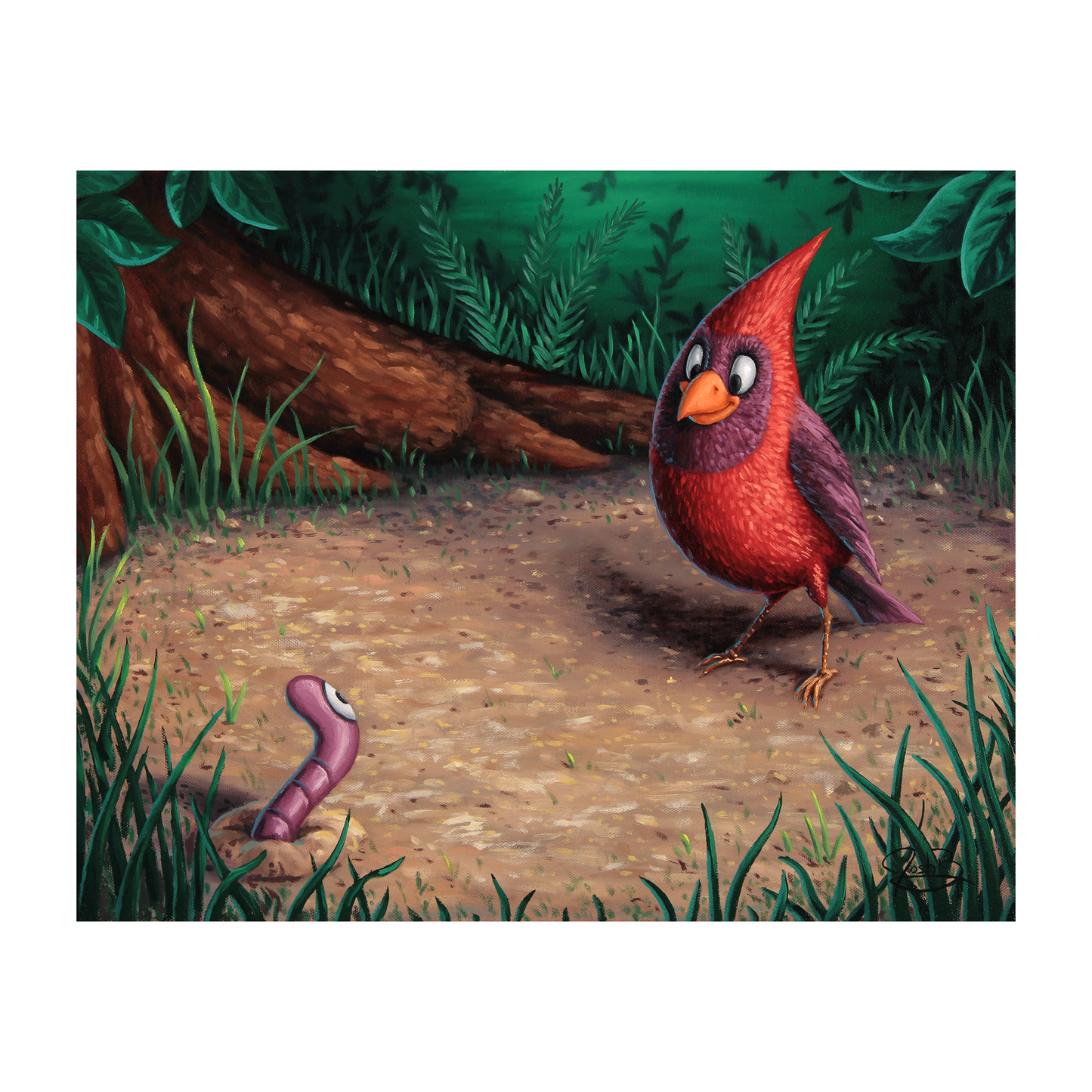 Cardinal and a Worm - Original Painting