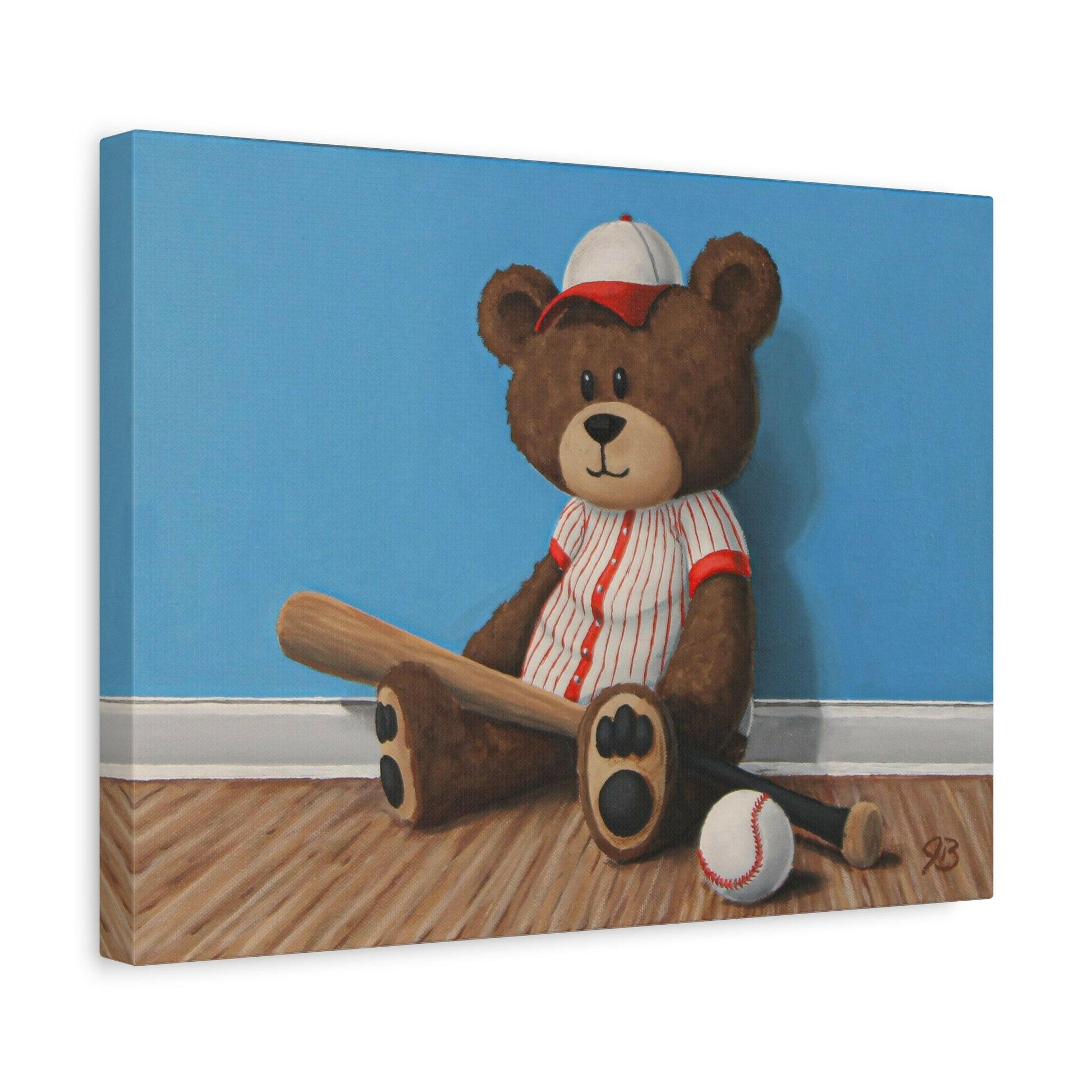 Teddy bear holding baseball bat angled