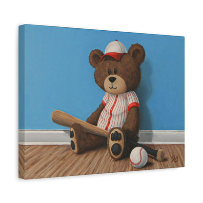 Teddy bear holding baseball bat angled