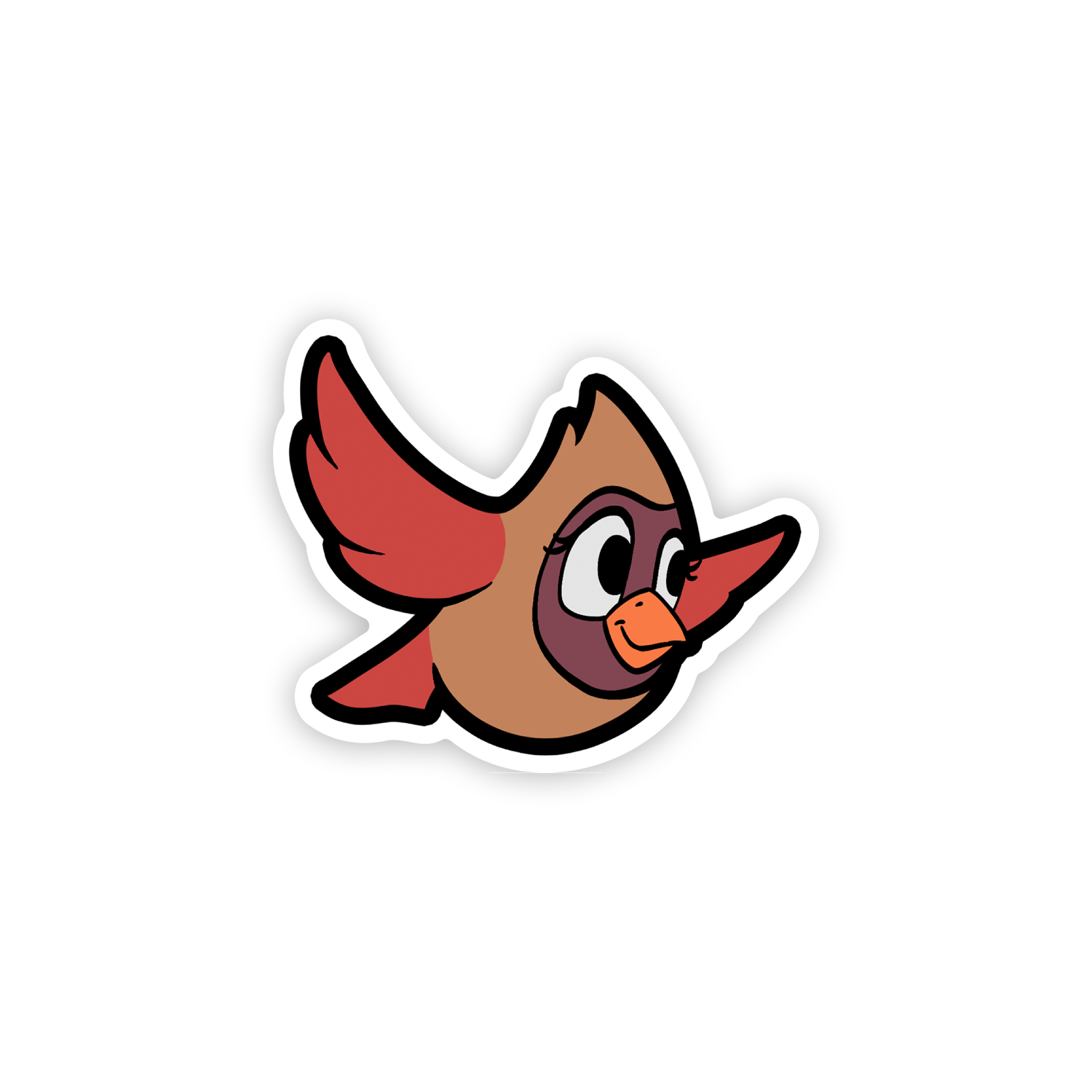 Cartoon bird sticker with red wings and a brown body on a white background