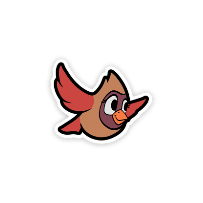 Cartoon bird sticker with red wings and a brown body on a white background